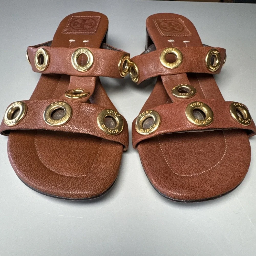 Tory Burch brown Slip On sandals Gold Trim Rivets women's 8 M